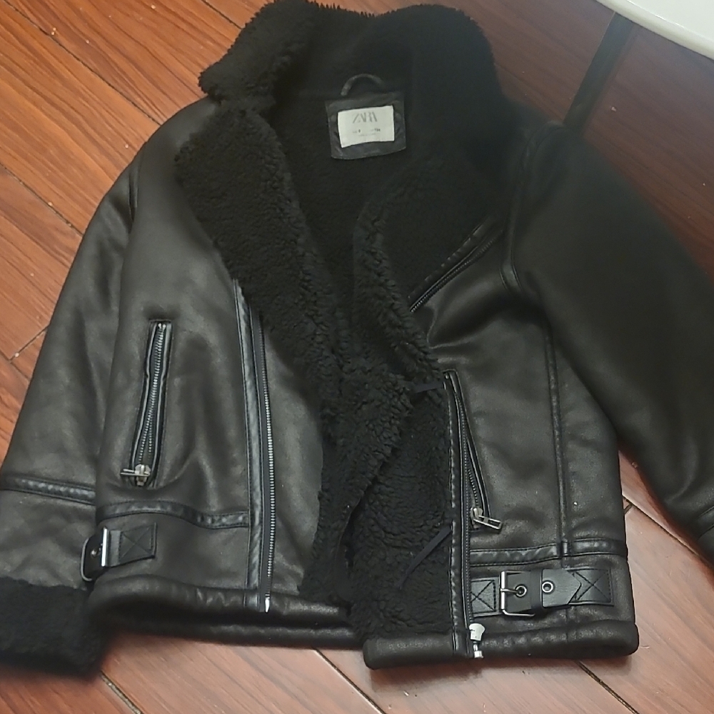 Zara Kids Black Shearling Faux Leather Jacket
